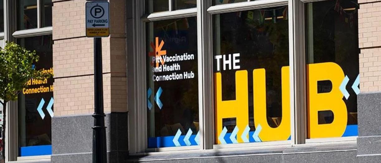 the front of the building for the pitt hub and vaccination clinic on the pittsburgh campus