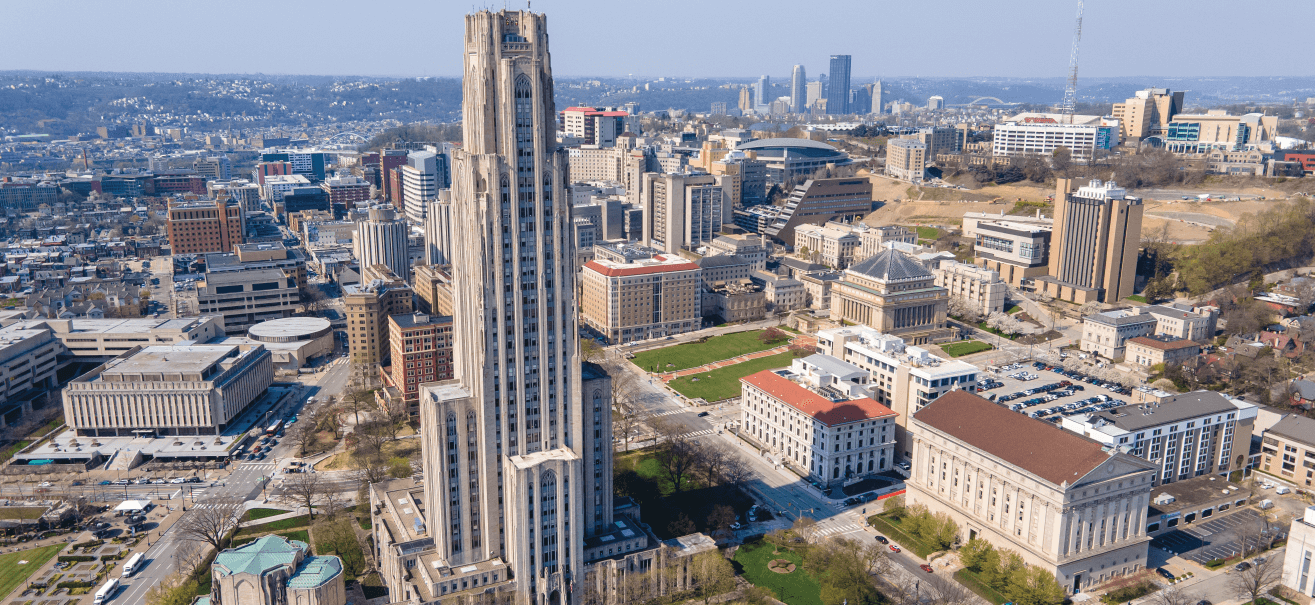 an overhead shot of the pittsburgh campus with the pittsburgh skyline in the background