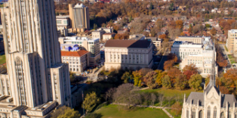Aerial photo between Heinz Chapel and the Cathedral of Learning showing the ODK walkway 