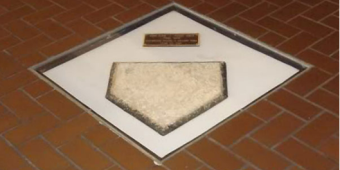 Forbes Field home plate encased in the floor of Posvar Hall