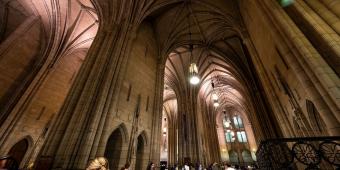 an upward view of the ceilings in the cathedral of learning common room