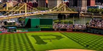 PNC Park with view of Roberto Clemente Bridge and downtown