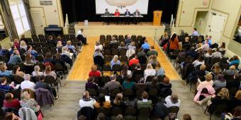 an aerial view of a staff council meeting at the o'hara student center